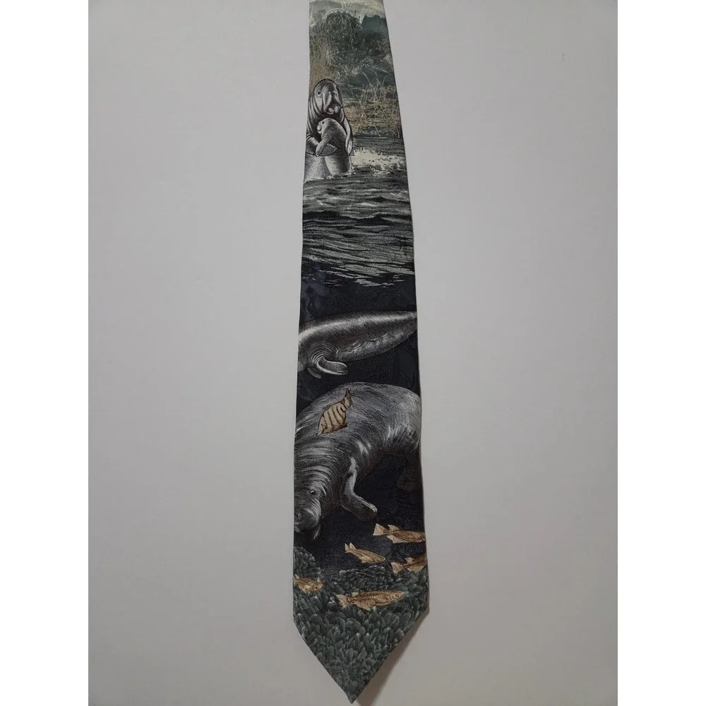 Endangered Species Mens Manatee Silk Tie Grey Black Animal Print Nature USA Made